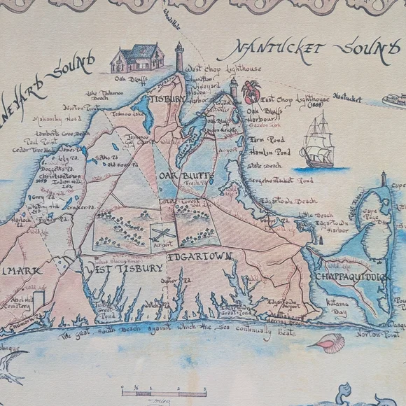 Rare Xandra Fisher Handmade Map Copyright 1979 Martha's Vineyard MA Framed